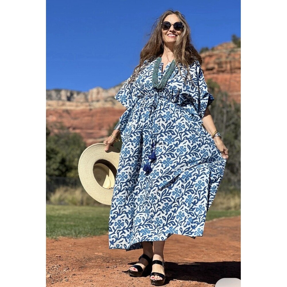 Pax Philomena Isadora Maxi Kaftan Dress Cotton Indigo One Size Boho